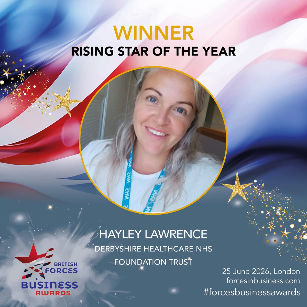 exforcesawards's tweet photo. 🏆 RISING STAR OF THE YEAR: Hayley Lawrence, Derbyshire Healthcare NHS Foundation Trust

The judges found themselves returning to Hayley's nomination again and again – and each time it only grew stronger. She has single-handedly reshaped how students in her NHS trust understand veterans' mental health, driven by lived experience and a determination to turn personal loss into lasting change. Achieving this against the backdrop of an under-pressure NHS, while earning promotion, made her story all the more remarkable. 
#forcesbusinessawards