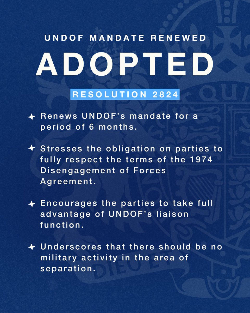 UKUN_NewYork's tweet photo. The @UN Security Council has unanimously renewed @UNDOF's mandate for six months.

The UN Disengagement of Forces Agreement remains critical for the stability of Syria and the wider region.

We urge Israel to resume negotiations with Syria and to pursue a diplomatic solution. https://t.co/JtdSHRgf7o