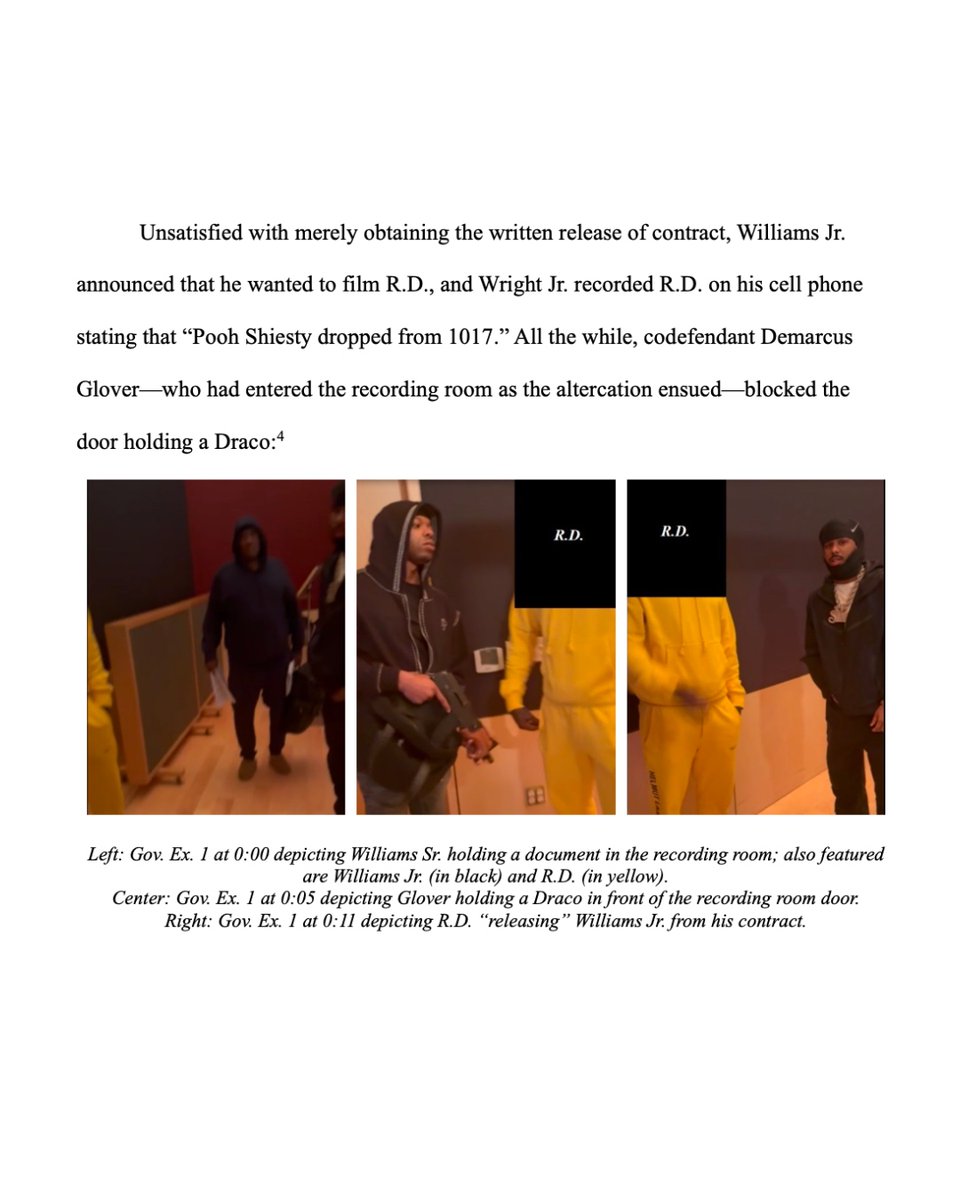 XXL's tweet photo. Prosecutors have shared photos of Gucci Mane being held at gunpoint while Pooh Shiesty stands next to him.

On Wednesday (June 24), the government filed its response to Pooh Shiesty's latest motion to be freed on pretrial release. In it, they argue that Pooh is a dangerous gang leader. In addition, they shared screenshots from a video taken from the studio on the day Gucci Mane was allegedly robbed.

One photo shows Pooh Shiesty's father carrying the contract that Gucci Mane was allegedly forced to sign. Another photo shows a man standing near Gucci Mane—identified in the photos by his initials R.D.—holding an assault rifle. In a third picture, Pooh Shiesty stands right next to Guwop. This was recorded by Big30 on his cell phone, prosecutors say.

In another section of the response, an alleged victim in the case wrote a statement pleading with the judge to keep Pooh locked up, saying he is "deeply concerned" about what Pooh may try to do to him if released.

Pooh Shiesty, his father, Big30 and six other men are set to stand trial next February for the alleged robbery and kidnapping of Gucci Mane and others. Investigators say Pooh lured Gucci Mane to a Dallas recording studio in January, where Pooh attempted to get out of his recording contract with Gucci by forcing him to sign a release form at gunpoint. Afterward, Pooh and his codefendants allegedly robbed Gucci and the people he came with.

Pooh and crew were arrested in April and are currently awaiting trial. Pooh's father and Big30 have been released on bond, while Pooh remains in custody. They face up to life in prison if found guilty.