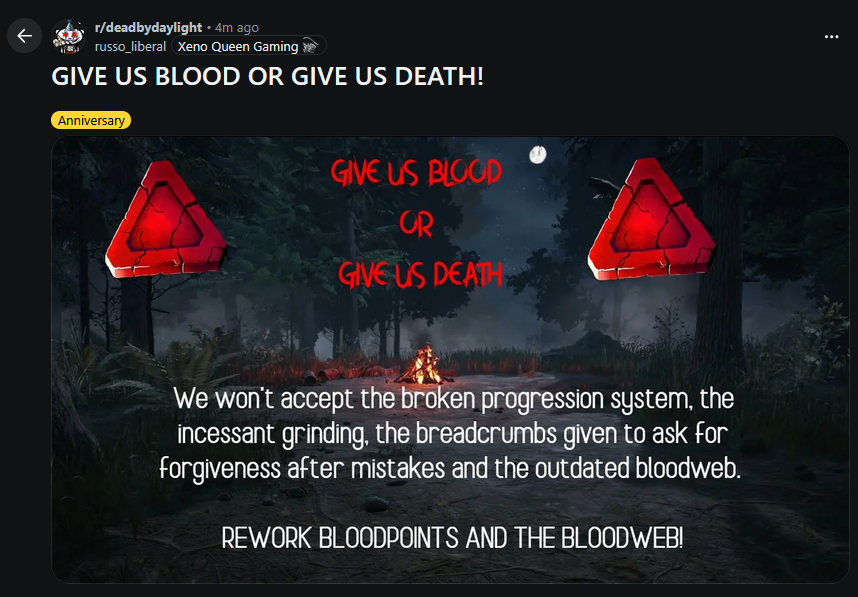 ErismeldaTTV's tweet photo. So instead of listening and taking the feedback your playerbase is giving you and supporting the people that have supported you for 10 years, we're deleting the posts criticizing your lack of providing the bloodpoint offerings. What are you doing BHVR? @DeadbyDaylight https://t.co/zjZ71LBxHh