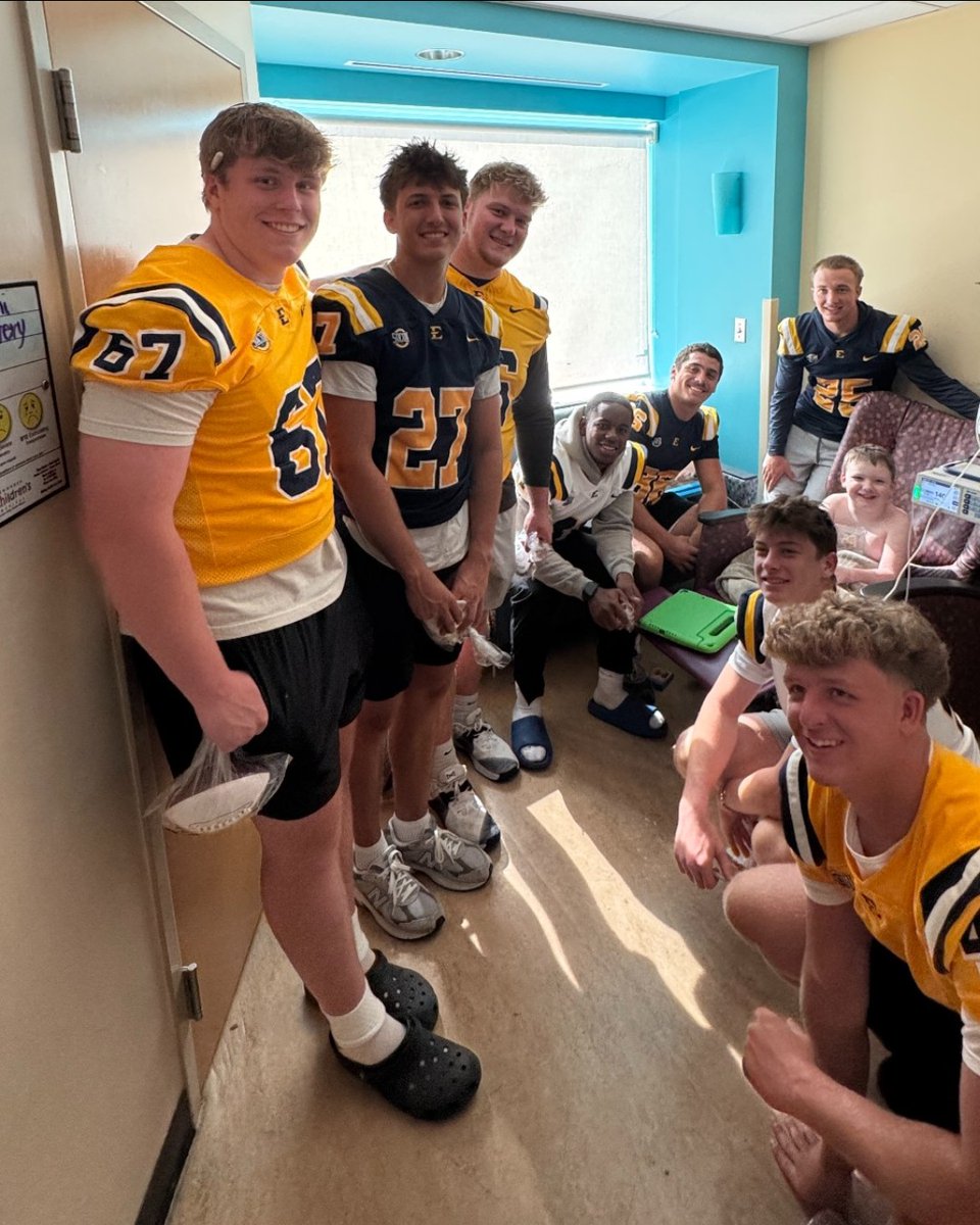 NiswongerCHosp's tweet photo. .@ETSUFootball lifted our spirits today! 🏈 

We’re always wowed by the team’s positive energy and the encouragement they bring to patients. Players handed out autographed footballs and spent time helping kids color ETSU “E” logos that will be worn on helmets for a future game day.

While summer is in full swing, we’re counting down the days to football season! On Sept. 5, the home game at William B. Greene Jr. Stadium will benefit Niswonger Children’s Hospital. The support of the players, coaches and @ETSUAthletics means the world to our patients, whether they’re inspiring us on the field or off. Go Bucs!

#WhereHopeRises #ETSUFootball