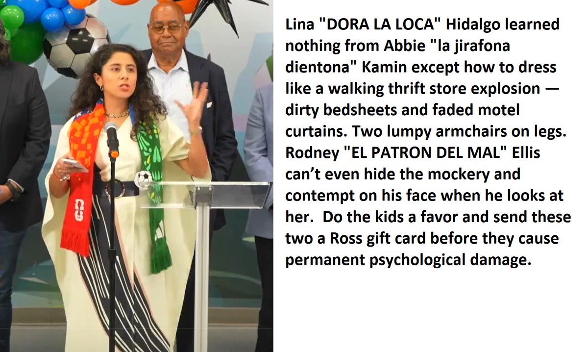 Luzbel2040's tweet photo. @HarrisCoJudge #LinaHidalgo #HoustonFashionFail #AbbieKamin #RodneyEllis #PoliticalClowns #StyleDisaster #Houston https://t.co/4PgfJoq6re