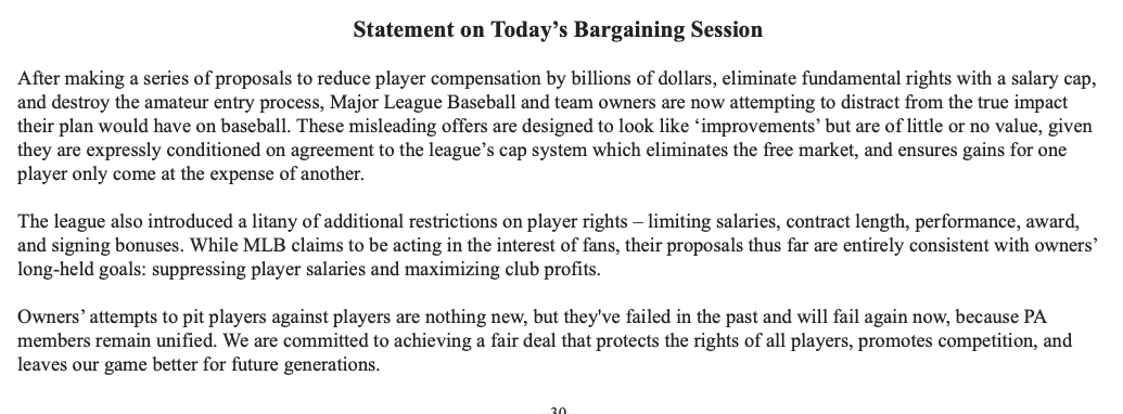 EvanDrellich's tweet photo. The MLBPA says in a statement that MLB's "misleading offers are designed to look like ‘improvements’ but are of little or no value, given they are expressly conditioned on agreement to the league’s cap system which eliminates the free market, and ensures gains for one player only come at the expense of another."