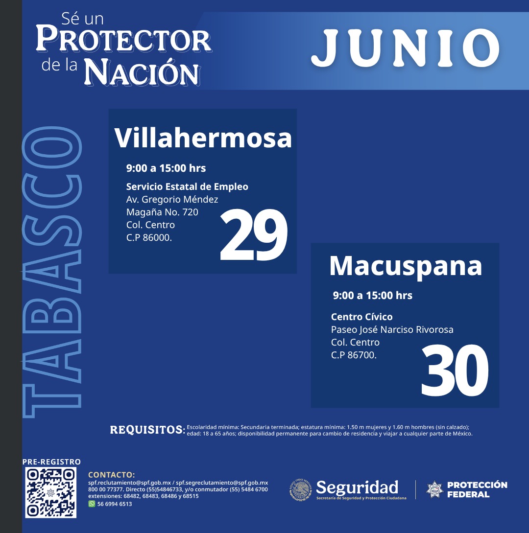 spf_sspc's tweet photo. 👉🏽TABASCO👈🏽

Somos una fuerza nacional de protección: ¿Estás listo para sumarte?

Únete al #SPF en https://t.co/jSECRBBryV

#Información: 5554846700, ext. 68510, 68482, 68483 o 68486.

#Reclutamiento #ProtectoresDeLaNación #MásCercaMásSeguros #Tabasco https://t.co/oFsPCzAO8d