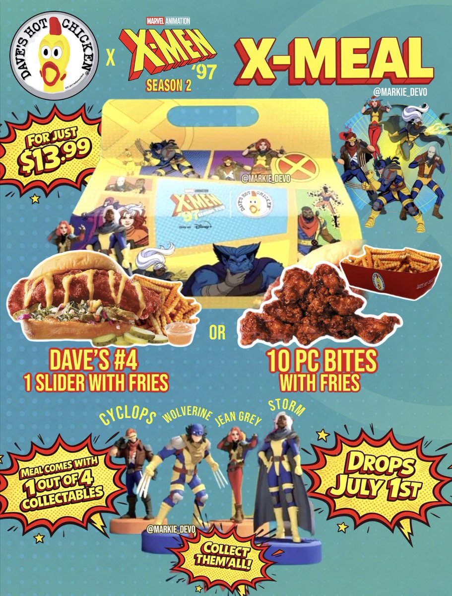 markie_devo's tweet photo. I feel like us big kids are spoiled nowadays!😅

Dave’s Hot Chicken teamed up with Marvel Animation to celebrate the animated series X-Men 97 Season 2 with a new meal.

The X-Meal features::
-Dave’s # 4 1 Slider with Fries or 10 PC Bites with Fries.
-Custom box 
-1 out of 4 collectables
💲$13.99

📍This meal goes down at Dave’s Hot Chicken locations nationwide starting July 1st for a limited-time.

(News/Image::Dave’s Hot Chicken)

Thoughts👇🏻