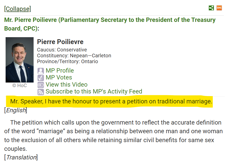 TheJasonPugh's tweet photo. ‼️I was not aware of this.

Same-sex marriage became legal nationwide in Canada on July 20, 2005. 🇨🇦🏳️‍🌈🏳️‍⚧️

On December 13, 2006, @PierrePoilievre rose in the HoC to say he had the "honour" to present a petition on traditional marriage.

https://t.co/87tCG5d8zS https://t.co/CQf8YfctQT