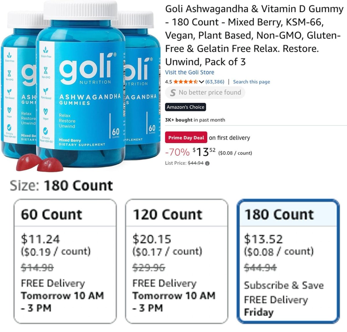 Pricerrors's tweet photo. GOLI'S BEST VALUE DEAL IS STILL LIVE

Amazon has 180 Ashwagandha &amp; Vitamin D gummies priced at just $13.52

The 60-count bottle is still over $11

You're getting 3x the gummies for about $2 more

https://t.co/obdVzD7p3p #ad https://t.co/6sKonguF7P