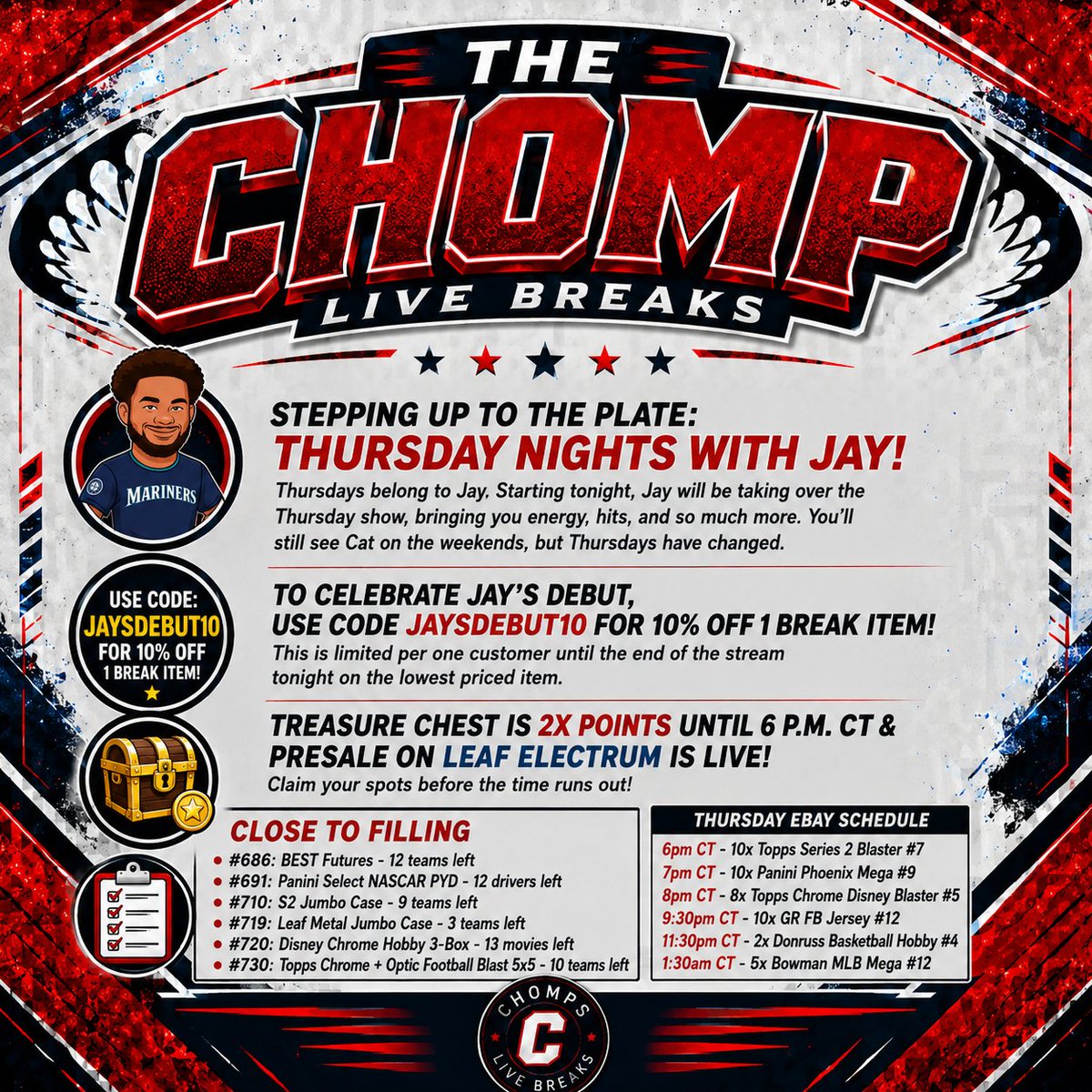 ChompsLiveBreak's tweet photo. Thursday nights just got Jay’d!!🔥🔥

Show your love in the comments and use code “JAYSDEBUT10” for 10% off 1 break item! Limited per one customer until the end of the stream tonight.

Claim your spots now at https://t.co/luvH96MWod!🦈 https://t.co/yFo3NlH5cz