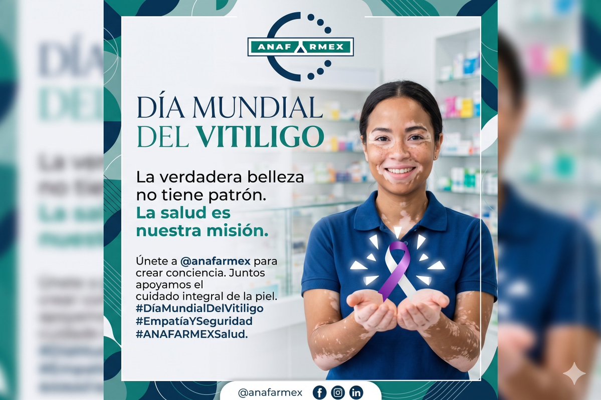 Anafarmex's tweet photo. En el Día Mundial del Vitíligo, en @anafarmex reafirmamos nuestro compromiso con la salud dermatológica. La verdadera belleza no tiene patrón🤍Acompañamos a los pacientes promoviendo el uso indispensable de fotoprotección ¡Cuidemos la piel juntos! 🧴💊
#DíaMundialDelVitíligo https://t.co/u45zywOdKv