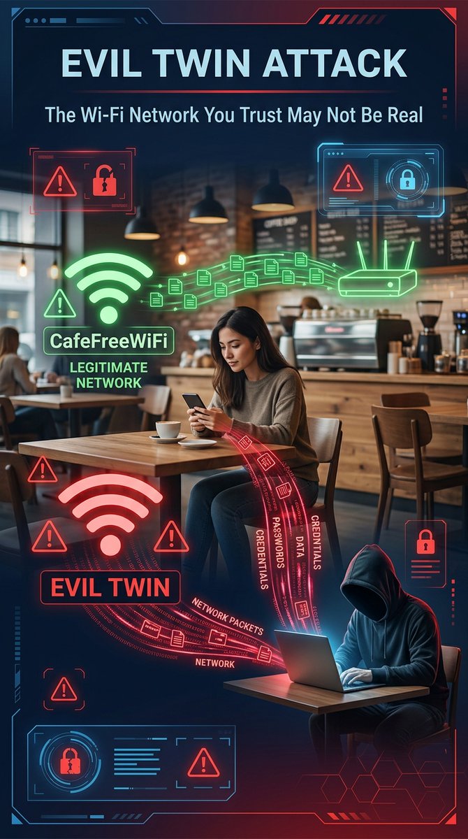 web3spikeee's tweet photo. 🚨 Did You Know?
An Evil Twin Attack is when a hacker creates a fake Wi-Fi network that looks like a real one. If you connect, they may steal data or login details.
🛡️ Always verify public Wi-Fi before connecting.
#CyberSecurity https://t.co/Ma6vLrv3rc
