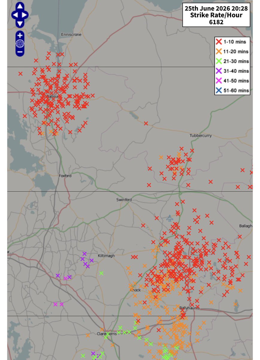CarlowWeather's tweet photo. More thunderstorms kicking off now in West and intensifying near Knock and Ballina. https://t.co/Jpf3y9Iptn