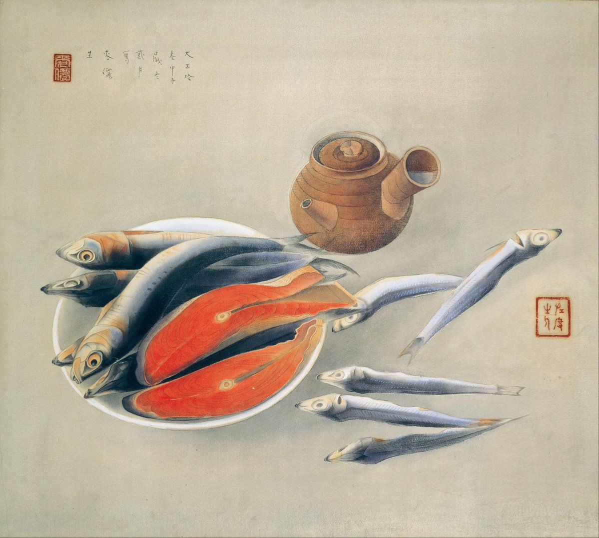 JapanTraCul's tweet photo. Still Life - Salmon Slices and Sardines, by Tsuchida Bakusen, 1924 https://t.co/122eEL1FxT