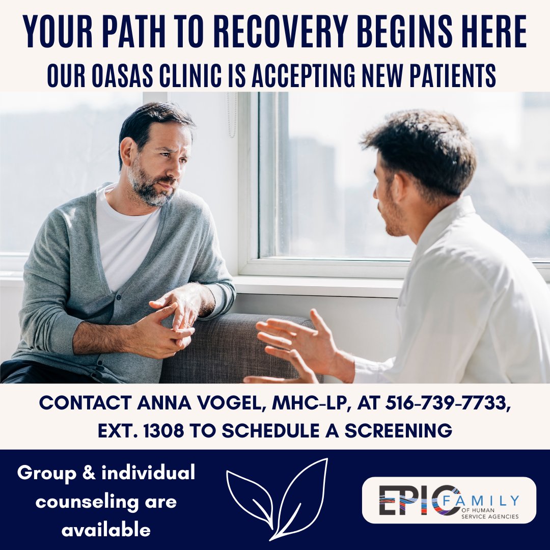 EPICLongIsland's tweet photo. The OASAS (Office of Addiction Services &amp; Supports) certified EPIC Long Island clinic is ready to serve you.
We provide compassionate care for individuals &amp; families impacted by #substanceuse, continuing our mission to expand access to treatment with a full range of services. https://t.co/fNztNmVFdu