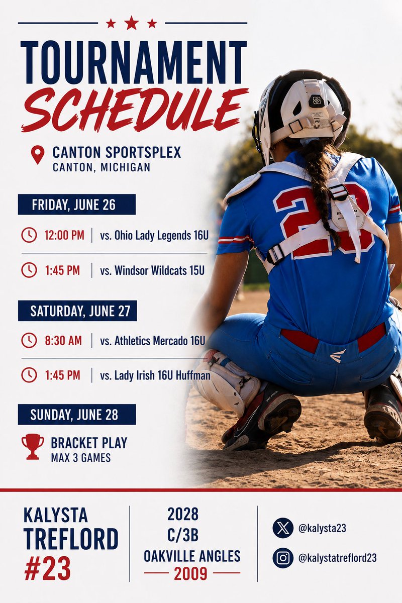 kalysta23's tweet photo. So excited for this weekend in Canton Michigan!! Here’s a look at my schedule #uncommited #catcher #softball 

@NCSACoachDaily
@DiamondAddicts @DirectRecruits
@D1Softball1 @D1Softball
@D1ProScouts @SB_RECRUITS
@PrepSoftball @TOP_D1RECRUITS
@CollegeBDJocks @BeThatPlayer1
@SoftballDown @LineDsoftball
@SoftballCanada @CoachLarissaA @sbcamps @MSU_Softball @BallStateSB @OhioStateSB @CoachPena_BSU @CoachStanton