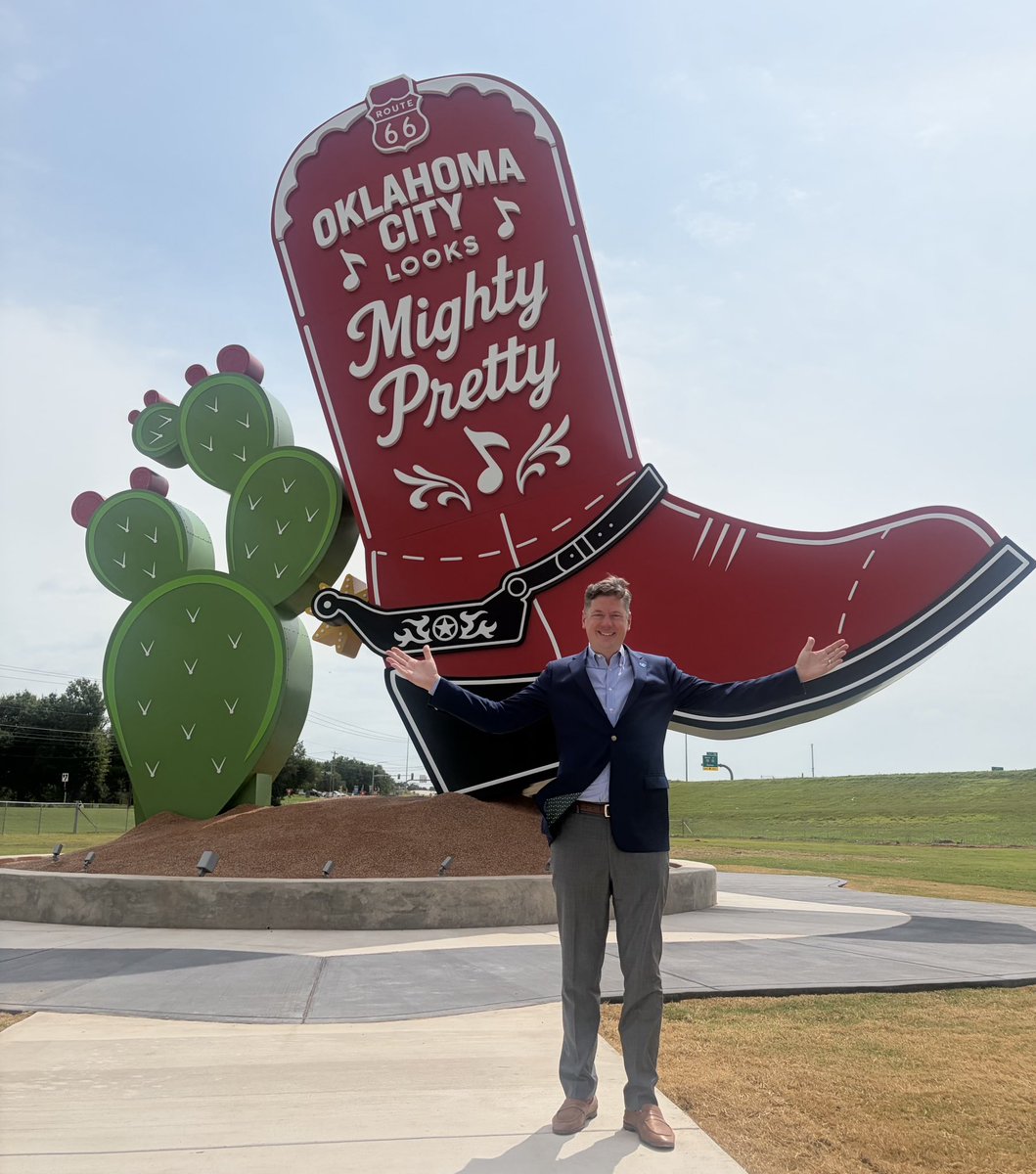 davidfholt's tweet photo. For the second day in a row, we cut the ribbon on a MAPS 4 project, and today it’s our new public art piece - “Kicks 66”!

“Kicks 66” by Cameron Eagle and adjacent to the National Cowboy and Western Heritage Museum is part of the beautification project in MAPS 4.  

We directed Cameron to honor OKC’s tie to Route 66 (which celebrates its centennial this year) and specifically our lyric in the iconic song.  As Bobby Troup originally wrote - and Nat King Cole, the Rolling Stones and countless others popularized - “Oklahoma City looks might pretty.” 

Thanks to the voters, taxpayers and everyone who made this possible, and especially our partners at the Cowboy, who significantly supported the site preparation.   Go check out this new Route 66 and OKC landmark - day and night!