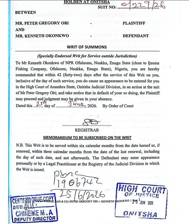 ruffydfire's tweet photo. NDC presidential candidate, Peter Obi, has reportedly filed a defamation lawsuit against Kenneth Okonkwo, seeking ₦8 billion in damages over alleged defamatory statements made against him.

Kenneth Okonkwo has also reportedly been served court documents and directed to present all evidence and proof to support the allegations he made against Peter Obi.