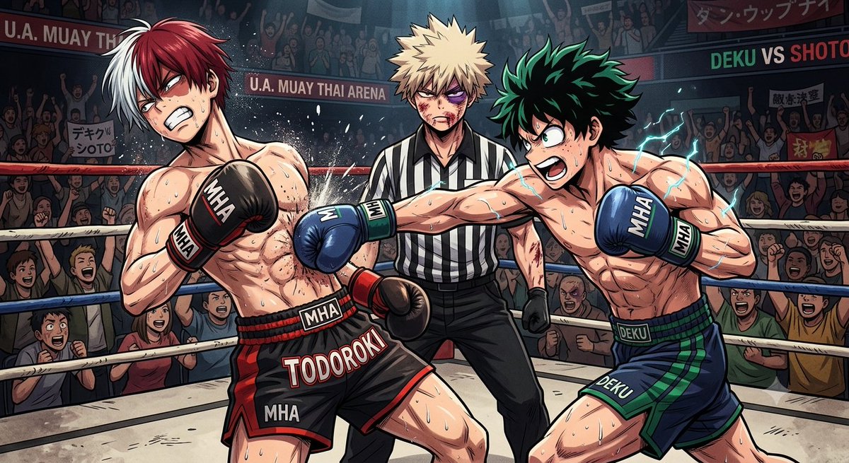 Bili4519's tweet photo. Shoto Todoroki vs Izuku Midoriya Fight (2) 🥊

Bakugo was so badly battered and bruised in his fight vs Deku that all he can do is referee (you can see their fight in some earlier posts, right here) 👇

Who wins? Tell me! ✍️

#bokunoheroacademia https://t.co/MGcwbCt6Pe
