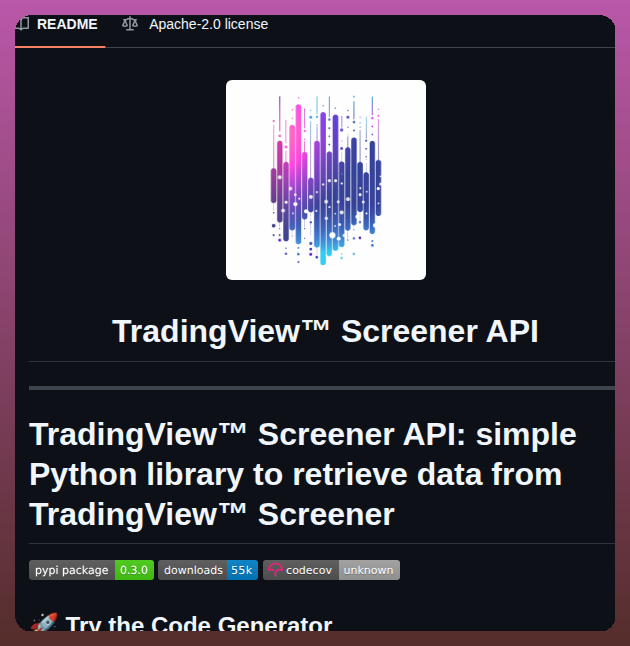 tom_doerr's tweet photo. Simple Python library to retrieve TradingView Screener data

https://t.co/C3dJ7yqBRx https://t.co/BuDwq25qOh