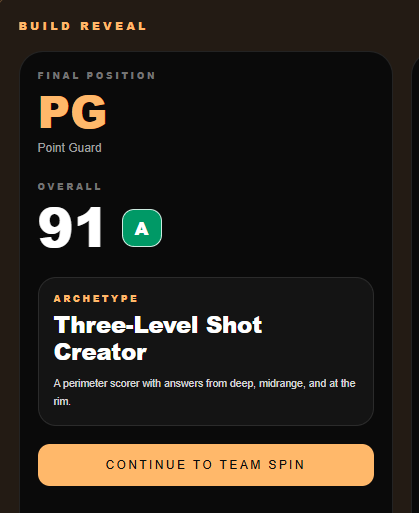 BuildAHooper's tweet photo. Every run is different.

You might build a Logo Playmaker, a Defensive Unicorn, a Two-Way Wing, a Point Center, or something completely chaotic.

After the build, you spin your team, sim the season, chase awards, survive the playoffs, and share your final My Card. https://t.co/Cos6kqFjzh