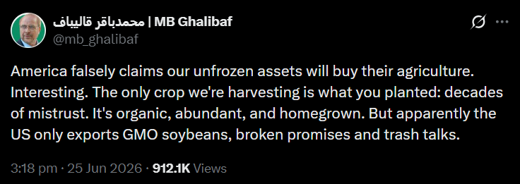 SputnikInt's tweet photo. ❌🌾 Trump fantasizes about spending Iran's money on American crops — Iran shuts it down

🗣 “We're going to be taking some of their money, and we'll spend it, and we're going to be buying wheat, soybeans, and corn, a lot of it,” US President Donald Trump claimed.

However, Iran had already rejected this narrative. Iran's chief negotiator and Parliament Speaker Mohammad Bagher Ghalibaf dismissed the idea as a false American claim, highlighting the deep disconnect in US wishful thinking.

💬 “Apparently the US only exports GMO soybeans, broken promises and trash talks,” Ghalibaf wrote on X.
