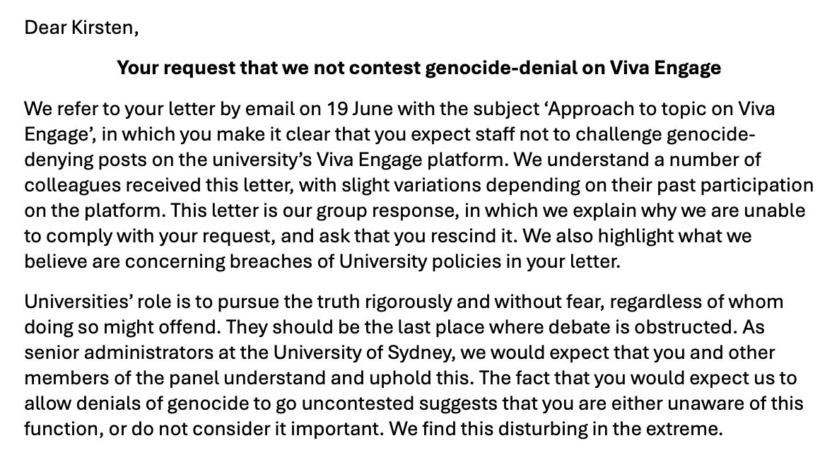 NickRiemer1's tweet photo. Last week, a very senior administrator at Sydney Uni told us that when Israel supporters on our internal staff platform deny the genocide in Gaza, management expects us *not to challenge them*. Here's excerpts from our reply, in which we refuse this extraordinary request. https://t.co/yHi9r1xWpR