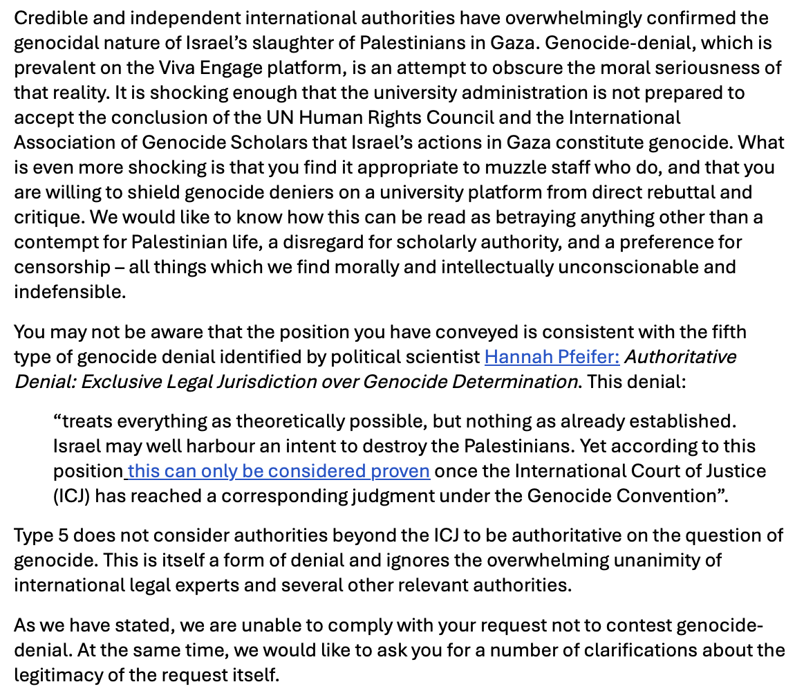 NickRiemer1's tweet photo. Last week, a very senior administrator at Sydney Uni told us that when Israel supporters on our internal staff platform deny the genocide in Gaza, management expects us *not to challenge them*. Here's excerpts from our reply, in which we refuse this extraordinary request. https://t.co/yHi9r1xWpR