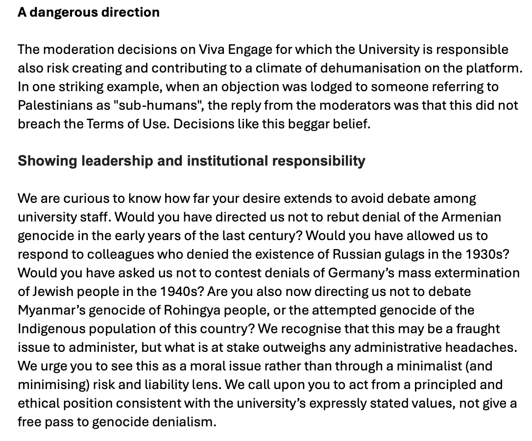 NickRiemer1's tweet photo. Last week, a very senior administrator at Sydney Uni told us that when Israel supporters on our internal staff platform deny the genocide in Gaza, management expects us *not to challenge them*. Here's excerpts from our reply, in which we refuse this extraordinary request. https://t.co/yHi9r1xWpR