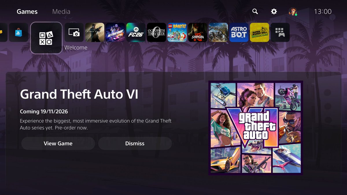 GTA6_Post's tweet photo. Sony is going all-out on GTA 6 marketing.

PS5 welcome screen takeover.

GTA 6 front and center on the PlayStation Store.

PS App icon changed to GTA 6-style colors.

PlayStation social header updated for GTA 6.

Official messaging: “plays best on PS5.”

This is one of PlayStation’s biggest marketing pushes for a third-party game.