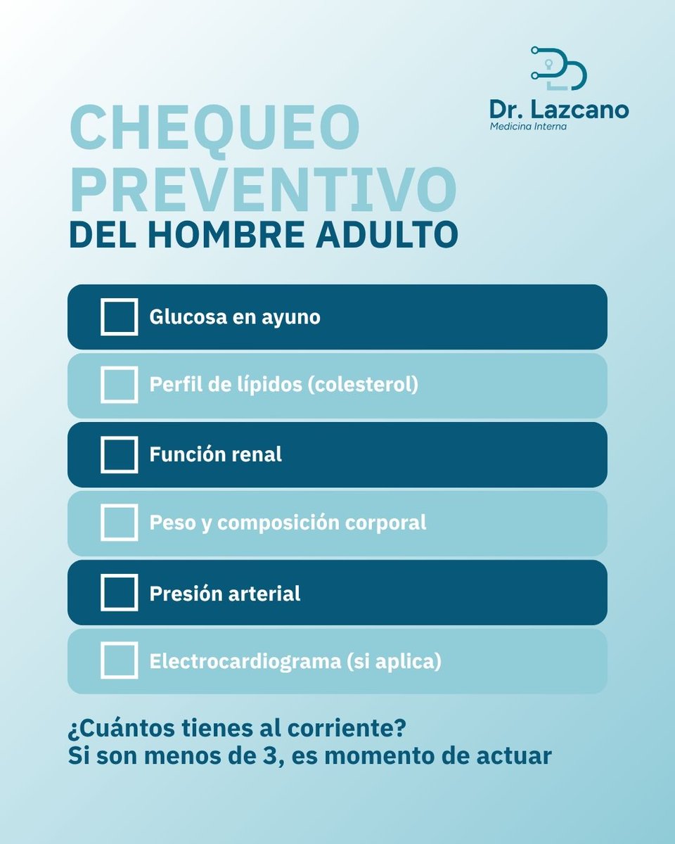 lazcano_dr's tweet photo. ¿Sabes qué pruebas debería tener al día todo hombre adulto? 🩺

Este es el chequeo preventivo básico que recomendamos para hombres mayores de 35 años. https://t.co/tyuPz2KRlT