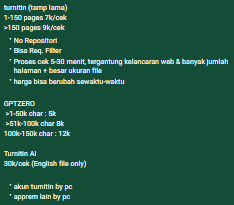 olimpiadei's tweet photo. halo guys, hari ini aku open cek turnitin tampilan lama, GPTzeo AI, sama turnitin AI (english). bisa DM/PC by WA ya 0881025713423 #zonauang #zonajajan #wts https://t.co/PKpNstC4Uo