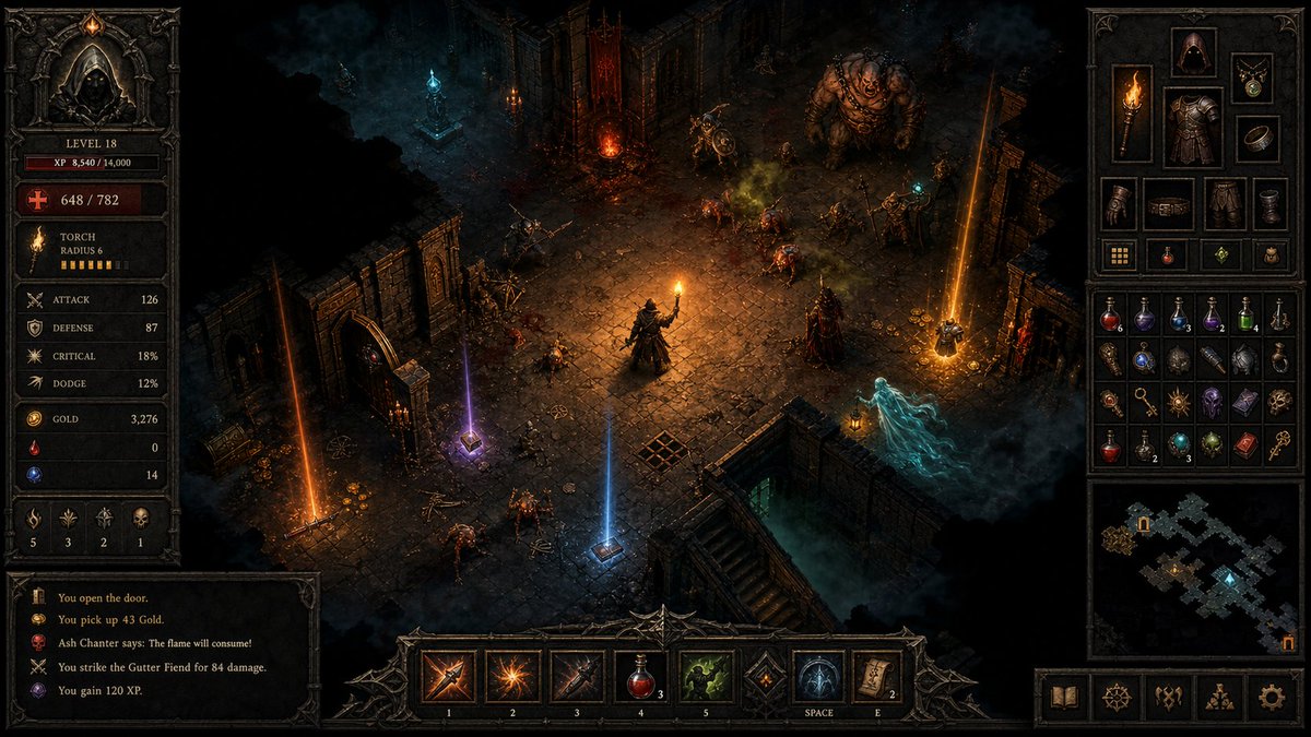 Prompt: Implement the current 2D dungeon crawler game to match torchlit ...