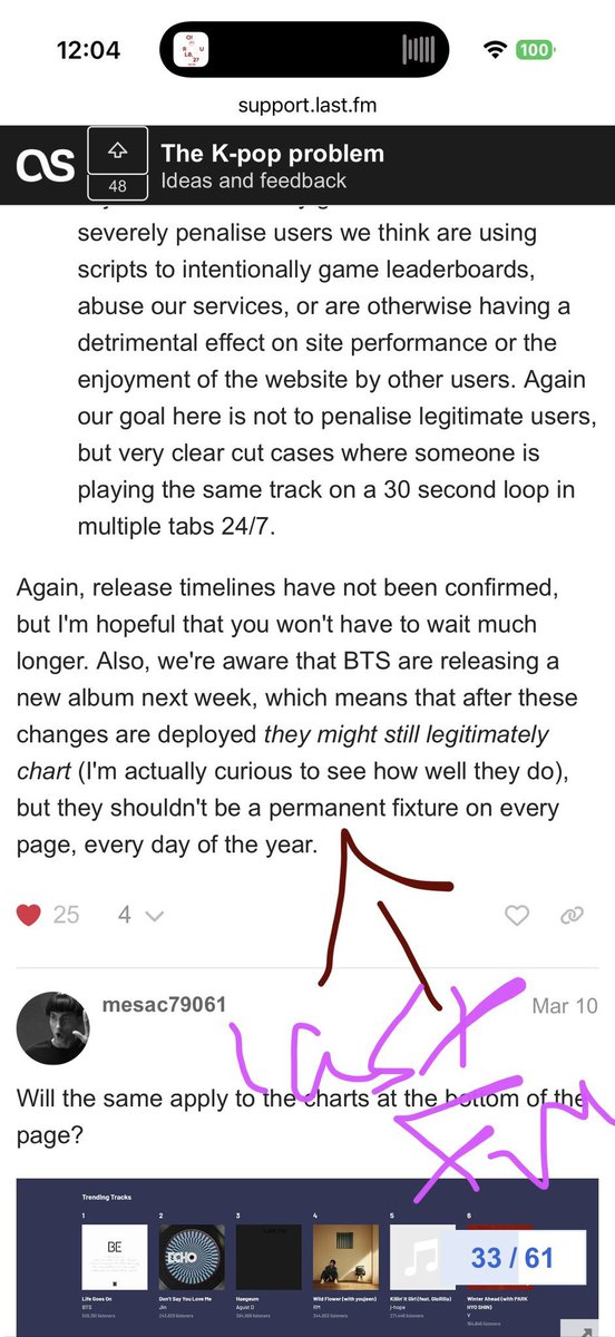 epipeny's tweet photo. to any armys not deleting lastfm out of nostalgia, lastfm was aiming to align their update with arirang’s release and made it clear they deeply resent seeing “bts/bts adjacent artists” on their lists. your continued use of that app will only be used against you and your artist. https://t.co/2BzxOnYIZx