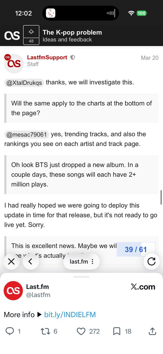 epipeny's tweet photo. to any armys not deleting lastfm out of nostalgia, lastfm was aiming to align their update with arirang’s release and made it clear they deeply resent seeing “bts/bts adjacent artists” on their lists. your continued use of that app will only be used against you and your artist. https://t.co/2BzxOnYIZx