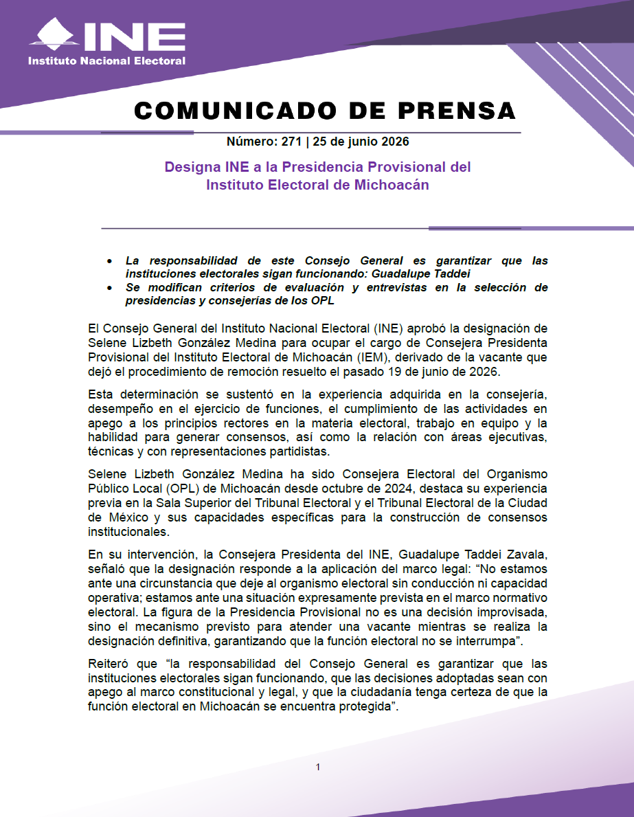 INEMexico's tweet photo. #BoletínINE 📄| Designa #INE a la Presidencia Provisional del Instituto Electoral de Michoacán. 

🔗 Más detalles en el siguiente enlace: https://t.co/lhFgwiekbG https://t.co/QmvE5EPxEW