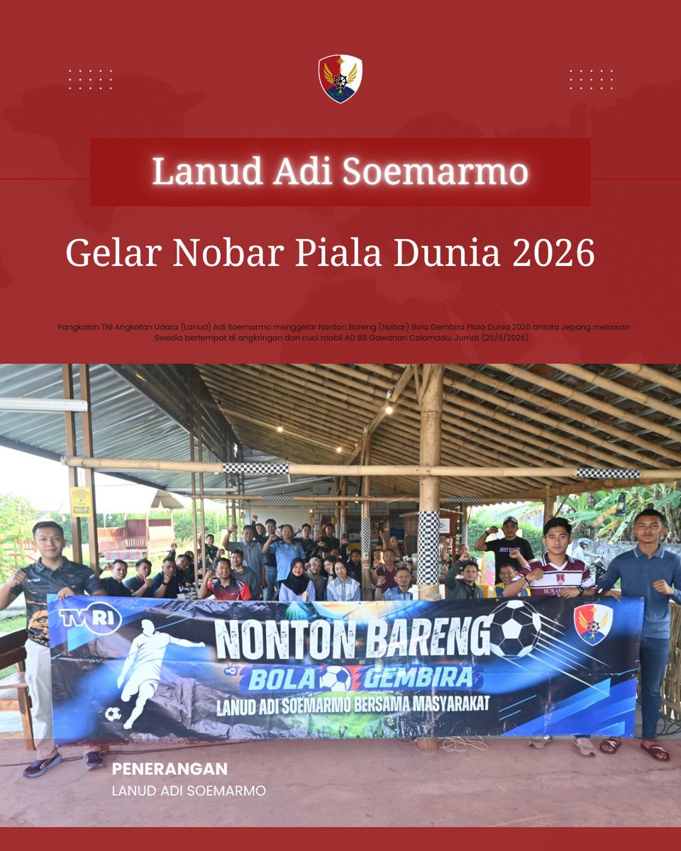 lanud_smo's tweet photo. Pangkalan TNI Angkatan Udara (Lanud) Adi Soemarmo menggelar Nonton Bareng (Nobar) Bola Gembira Piala Dunia 2026 antara Jepang melawan Swedia bertempat di angkringan dan cuci mobil AD 88 Gawanan Colomadu. Jumat (26/6/2026). https://t.co/iRHWwp6q8n