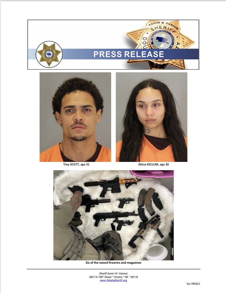 omaha_scanner's tweet photo. .@DCSheriffNE announces the arrest of Trey Scott for assault and sex trafficking. Scott was also not allowed to posses firearms. 

His girlfriend, Alissa Kellum, was arrested for aiding and abetting. https://t.co/0Tca0KjXiE