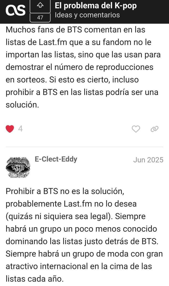 pjmIesviu's tweet photo. "pretendemos que las listas se basen por los oyentes, lo que impedirá que bts aparezcan de forma permanente en las listas"
"no deberían estar presentes permanentemente en todas las páginas"

Desde hace meses lastfm quería sacar a los chicos de sus gráficos solo porque segun algunos se quejaban de que ellos dominaran sus listas, ¿QUE CULPA TIENEN ELLOS QUE ESTEN POR ENCIMA DE LOS FAVS DE OTROS?

Y los mismos del equipo de soporte diciendo esto sobre la situación cuando GRACIAS A ARMY ES QUE ESA APP PUDO SER DESCUBRIDA, todo es totalmente asqueroso...