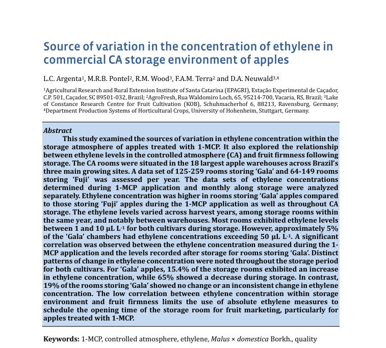 Nacherntephysi1's tweet photo. 🍎📚 New paper in Acta Horticulturae!
Ethylene levels in commercial CA apple storage varied strongly among cultivars, warehouses, storage rooms, and harvest years, highlighting the complexity of storage management.
#AppleStorage #Ethylene #Postharvest #1MCP https://t.co/y1fmI5z94A