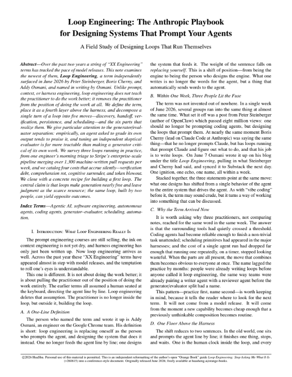 First page of "Loop Engineering: The Anthropic Playbook for Designing Systems That Prompt Your Agents — A Field Study of Designing Loops That Run Themselves", showing the abstract and introduction describing the term as arising independently from Steinberger, Cherny, and Osmani