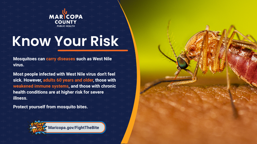 Maricopahealth's tweet photo. It's #NationalMosquitoControlWeek. Everyone is at risk for mosquito bites, but the risk of severe illness from West Nile virus is higher for adults 60 and older &amp; people with weakened immune systems or chronic health conditions. Prevent mosquito bites: https://t.co/J0akE7dDQr https://t.co/f12ut1mZ1c