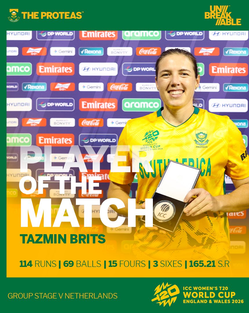 ProteasWomenCSA's tweet photo. Tazmin Brits, You Beauty!! 😮‍💨

A night of pure dominance from Tazmin Brits as she produced a breathtaking Player of the Match performance, registering her maiden T20I century in spectacular fashion. 💯🇿🇦

#Unbreakable #T20WorldCup https://t.co/HPhS2fQ8Dk