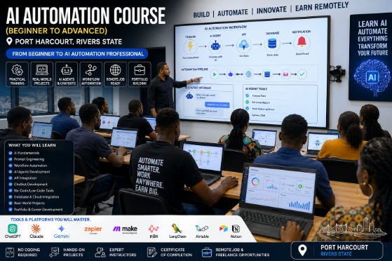Wedigraftech's tweet photo. AI AUTOMATION COURSE IN PORT HARCOURT, NIGERIA – FROM BEGINNER TO PROFESSIONAL AI AUTOMATION ENGINEER

Artificial Intelligence is no longer the future—it is the present.

Organizations across the world are rapidly adopting AI Automation, AI Agents, Workflow Automation, Business Process Automation, Intelligent Systems, and AI-Powered Productivity Solutions to reduce costs, increase efficiency, and scale operations.

The demand for skilled AI Automation Engineers, AI Workflow Developers, AI Integration Specialists, AI Consultants, and Remote AI Professionals is growing faster than ever.

At Wedigraf Technologies Ltd, we are proud to introduce our comprehensive:

🎓 AI Automation Course (Beginner to Advanced Professional Program)

This industry-standard, project-based training is designed to transform complete beginners into highly skilled AI Automation Professionals capable of designing, building, deploying, and managing intelligent automation systems used by modern businesses globally.

✅ No Coding Experience Required
✅ No AI Background Needed
✅ Beginner-Friendly
✅ Hands-On Training
✅ Real-World Projects
✅ Portfolio Development
✅ Freelancing & Remote Work Preparation
✅ Industry-Recognized Skills

WHAT YOU WILL LEARN
🔹 Artificial Intelligence Fundamentals
🔹 Generative AI Tools (ChatGPT, Claude, Gemini, Perplexity AI, Microsoft Copilot)
🔹 Workflow Automation
🔹 Business Process Automation
🔹 Prompt Engineering
🔹 AI Agents Development
🔹 AI Chatbot Development
🔹 API Integration & Webhooks
🔹 No-Code & Low-Code Development
🔹 AI Productivity Systems
🔹 Data Automation
🔹 AI Marketing Automation
🔹 Enterprise Workflow Engineering
🔹 AI SaaS Development Concepts
🔹 AI Consulting & Automation Strategy

TOOLS COVERED
✔ ChatGPT
✔ Claude
✔ Gemini
✔ Perplexity AI
✔ Zapier
✔ Make
✔ n8n
✔ Pabbly Connect
✔ LangChain
✔ Flowise
✔ Botpress
✔ Voiceflow
✔ Airtable
✔ Retool
✔ Firebase
✔ Supabase
✔ MongoDB

REAL-WORLD PROJECTS YOU WILL BUILD
💡 AI Customer Support Chatbots
💡 AI Sales & Lead Generation Systems
💡 AI Recruitment Automation Platforms
💡 AI CRM Systems
💡 AI Marketing Automation Systems
💡 AI Business Intelligence Dashboards
💡 AI Workflow Automation Infrastructure
💡 Autonomous AI Executive Assistants
💡 Enterprise AI Automation Solutions

BUILD A PROFESSIONAL PORTFOLIO

Participants will graduate with:

✔ Professional Portfolio Website
✔ AI Automation Case Studies
✔ Automation Workflow Demonstrations
✔ Client-Ready Project Documentation
✔ LinkedIn Optimization
✔ Personal Branding Assets
CAREER OPPORTUNITIES AFTER THE COURSE
Graduates can pursue careers as:
🔹 AI Automation Engineer
🔹 AI Workflow Developer
🔹 AI Integration Specialist
🔹 AI Automation Consultant
🔹 AI Productivity Specialist
🔹 AI Solutions Architect
🔹 AI Operations Engineer
🔹 No-Code Automation Developer
🔹 AI Freelancer
🔹 Remote AI Specialist

REMOTE JOB & FREELANCING PREPARATION
The program includes practical guidance on:
✔ Upwork Profile Optimization
✔ Fiverr Success Strategies
✔ LinkedIn Personal Branding
✔ Proposal Writing
✔ Client Acquisition
✔ Global Remote Work Opportunities
✔ Building a Sustainable AI Automation Business

WHY THIS COURSE STANDS OUT
Unlike theory-based AI courses, this program focuses heavily on practical implementation, business automation systems, real-world projects, portfolio building, and job-ready skills.
By the end of the training, participants will be able to confidently design and deploy AI-powered automation systems for businesses, startups, agencies, and enterprise organizations.

FREQUENTLY ASKED QUESTIONS (FAQs)
❓ Do I need coding experience?
No. The course starts from beginner level and gradually progresses to advanced professional level.
❓ Can students and graduates enroll?
Absolutely. The program is designed for students, graduates, professionals, entrepreneurs, freelancers, and career changers.
❓ Will I build real projects?
Yes. Participants complete multiple real-world projects and a final capstone project.
❓ Will I get a portfolio?
Yes. You will build a professional portfolio showcasing your AI automation projects.

❓ Can this help me get remote jobs?
Yes. The course includes remote career preparation, freelancing guidance, and portfolio development to help you compete globally.

❓ What industries can use AI automation?
Marketing, HR, Finance, Sales, Customer Service, Operations, Healthcare, Education, Logistics, E-commerce, and many more.
❓ Is AI Automation a good career in 2026 and beyond?
Yes. AI Automation is one of the fastest-growing technology fields globally, with increasing demand for professionals who can build intelligent business systems.

If you want to future-proof your career, increase your earning potential, build valuable AI skills, work remotely for global companies, or start your own AI automation business, this course is for you.

📍 Training Venue: 
Wedigraf Technologies Ltd, Port Harcourt, Rivers State, Nigeria
📞 Register Now:
WhatsApp: 07061773825

📩 Send us a message to request the full course outline, training schedule, fees, and enrollment details.
#AIAutomation #AIAutomationCo