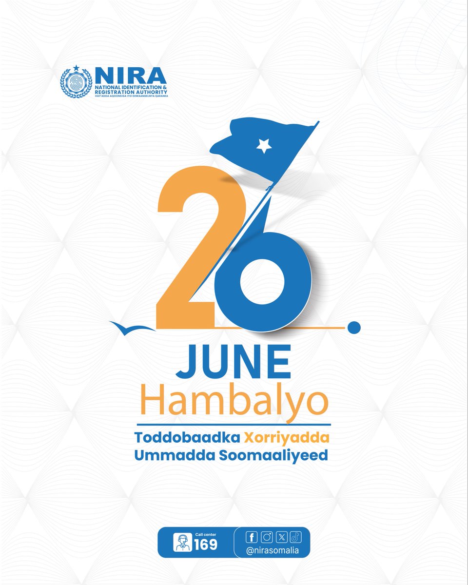 NIRASomalia's tweet photo. 🇸🇴 Hambalyo 26-ka Juun 🇸🇴

Waxaan hambalyo u diraynaa dhammaan shacabka Soomaaliyeed Munaasabadda 26-ka Juun awgeed, taas oo ku astaysan Maalinta Xorriyadda Gobollada Waqooyi ee Soomaaliya.

Maalintani waxay astaan u tahay halgan, xorriyad, iyo midnimo Soomaaliyeed. https://t.co/dkOz7nHPh1