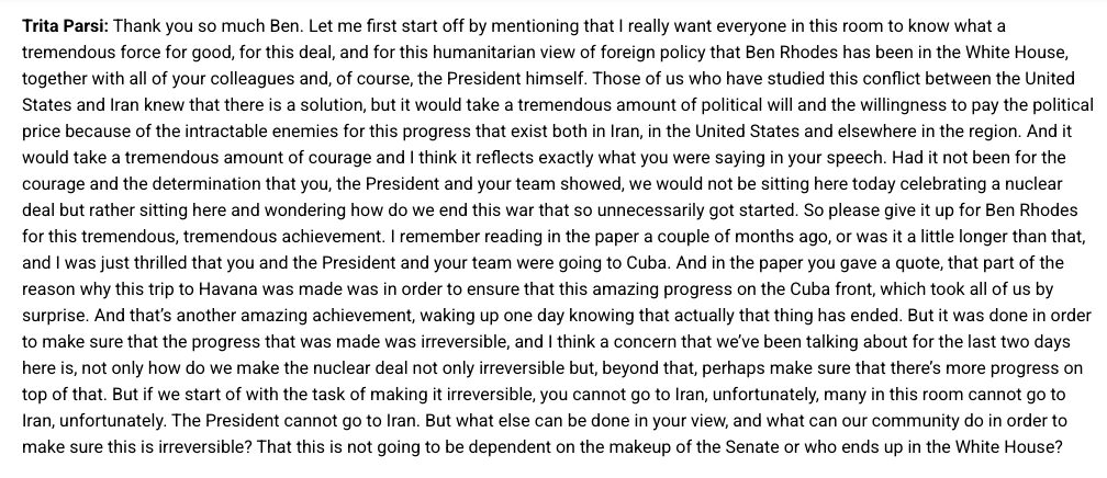 bhweingarten's tweet photo. The co-founder and longtime former president of an entity Republican Senators called on to be investigated for violating FARA as Iran's lobby in the U.S. -- a man who supported Obama's Iran Deal, lavished praise on echo chamber architect Ben Rhodes for it, and to this day speaks alongside him to the Trump-hating and enemy-appeasing Congressional Progressive Caucus -- is advising the Trump administration on Iran policy?