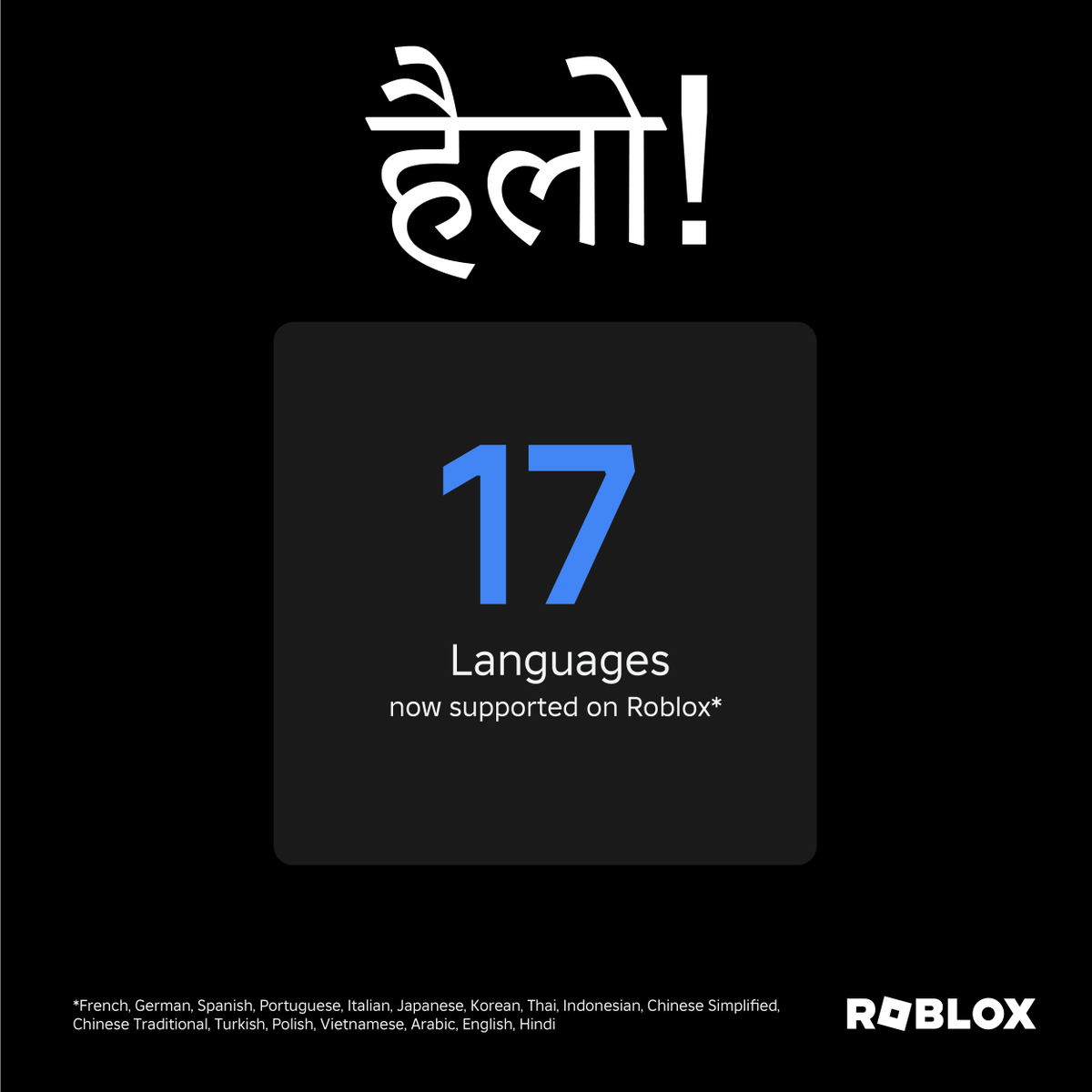 Roblox's tweet photo. Hello! Roblox is expanding and now supports Hindi.

हैलो! Roblox अपना दायरा बढ़ा रहा है और अब यह हिन्दी में भी उपलब्ध है https://t.co/gNbvyoqjci