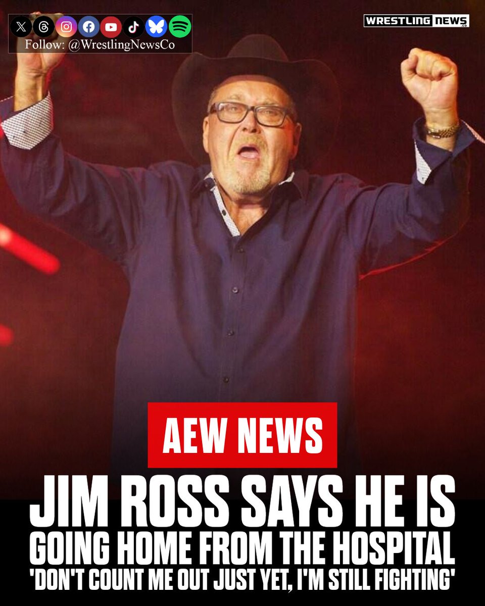 WrestlingNewsCo's tweet photo. Encouraging news on Jim Ross: the 74-year-old WWE Hall of Famer and AEW commentator says he's heading home from the hospital after an extended stay. "Going home this Tuesday! Had a great phone visit with Steve Austin today. Biz is picking up!" he wrote on X. Last week, on what he called Day 22 in the hospital in Norman, Oklahoma, he told fans, "Don't count me out just yet. I'm still fighting!"