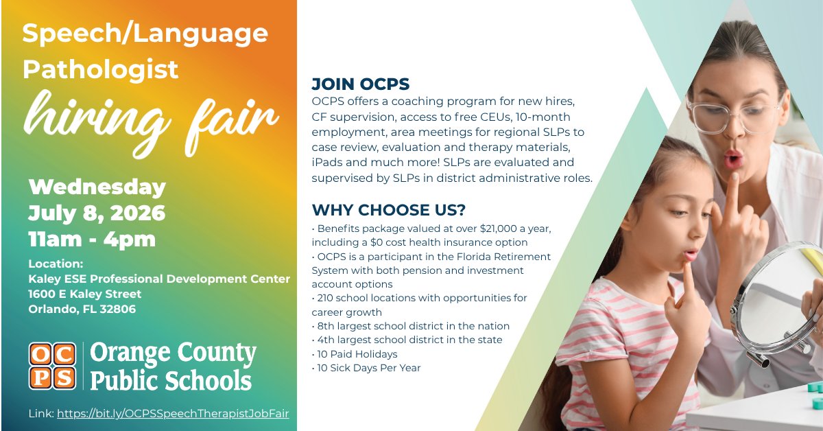 OCPSnews's tweet photo. OCPS is hiring Speech/Language Pathologists for the new school year! Join us at our next Hiring Fair on July 8!

Sign up at https://t.co/ZkFjZW4Q7T. 

#ocps #WeAreOCPS #NowHiring https://t.co/83OxEc2Lyu