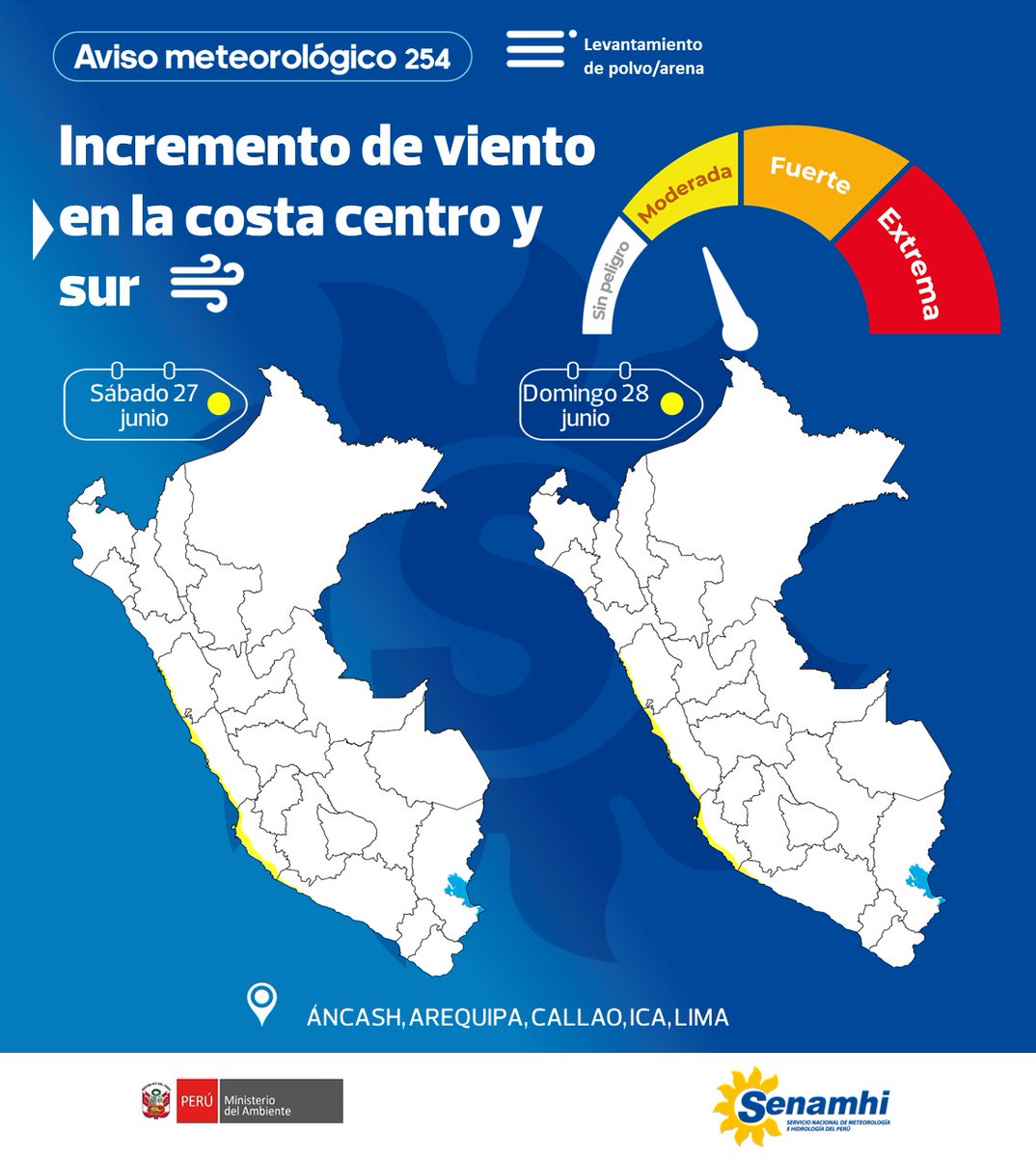 Senamhiperu's tweet photo. 📣💨#Aviso #Senamhi #Minam Del 27 al 28 de junio, se presentará el incremento de la velocidad del viento en la costa centro y sur. 

✅Este incremento podría generar el levantamiento de polvo/arena y la reducción de la visibilidad horizontal

📲 https://t.co/AX0QtYDl7s https://t.co/RZyWp60PtV