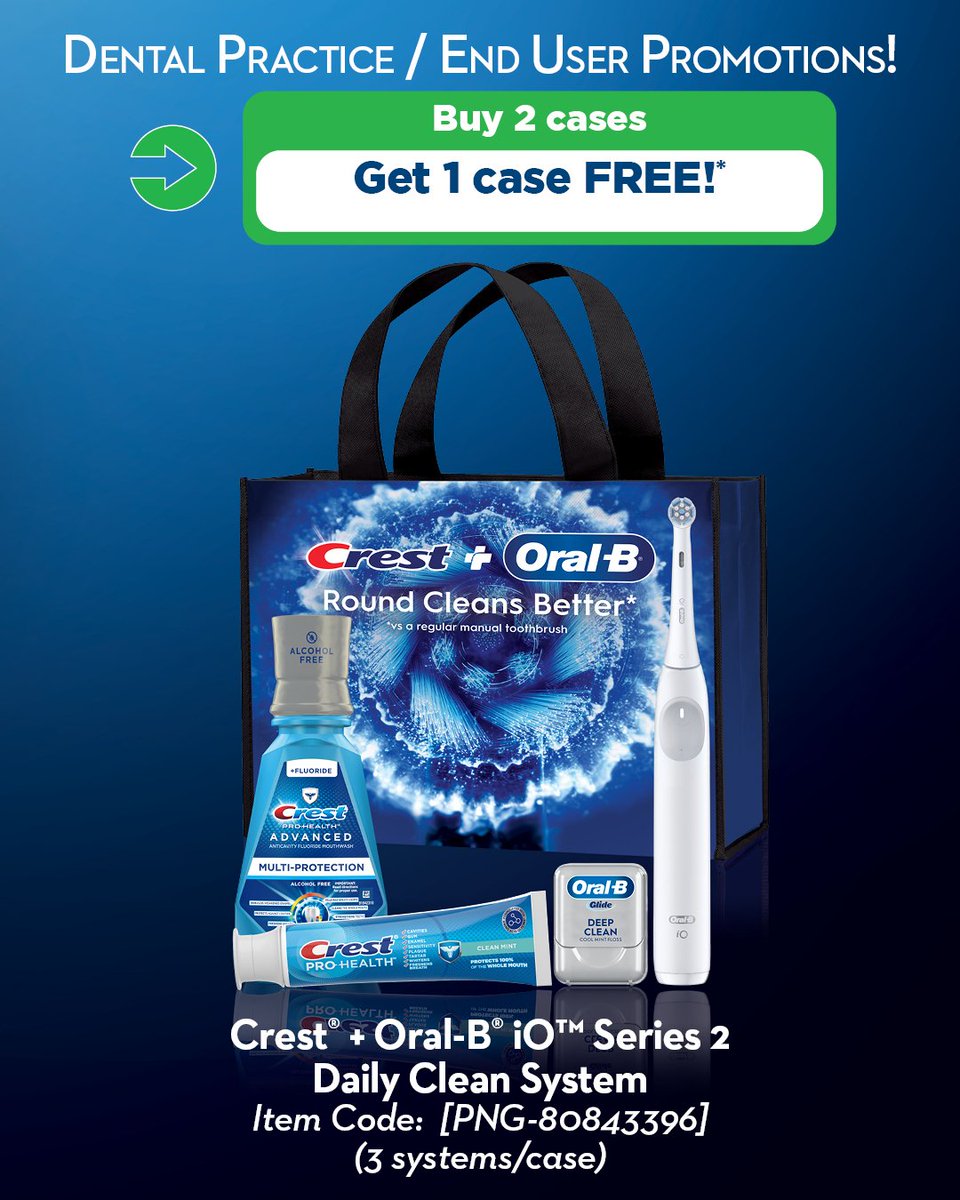 AMTouchDental's tweet photo. 🎉 Buy 2 Cases. Get 1 FREE!
Give your patients a complete at-home oral care solution with the Crest + Oral-B iO™ Series 2 Daily Clean System.
Don't miss this limited-time promotion—contact your Amtouch Account Manager today!
#DentalDeals #OralB #Crest #AmtouchDental https://t.co/fcWOJfD8BU