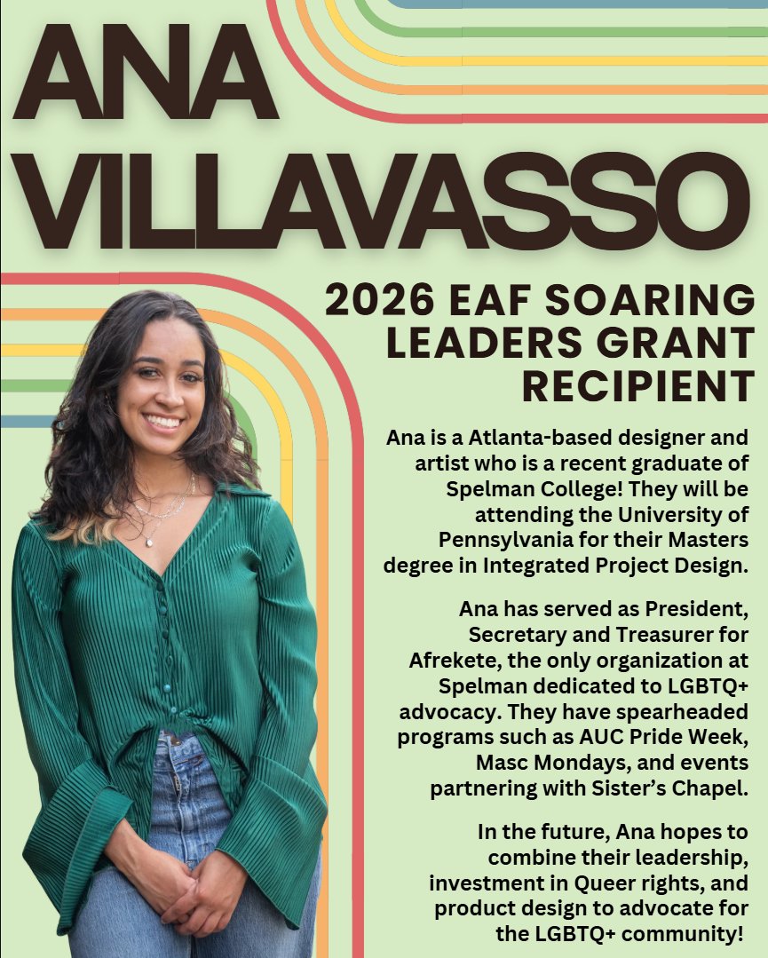 AKAEAF's tweet photo. This Pride Month, join us in celebrating 2026 EAF Soaring Leaders Grant recipient Ana Villavasso, an Atlanta-based designer, artist, and advocate. We are proud to recognize leaders like Ana who are helping build a more inclusive future for all! 
#PrideMonth #ScholarSpotlight https://t.co/9tSyUQvgiQ